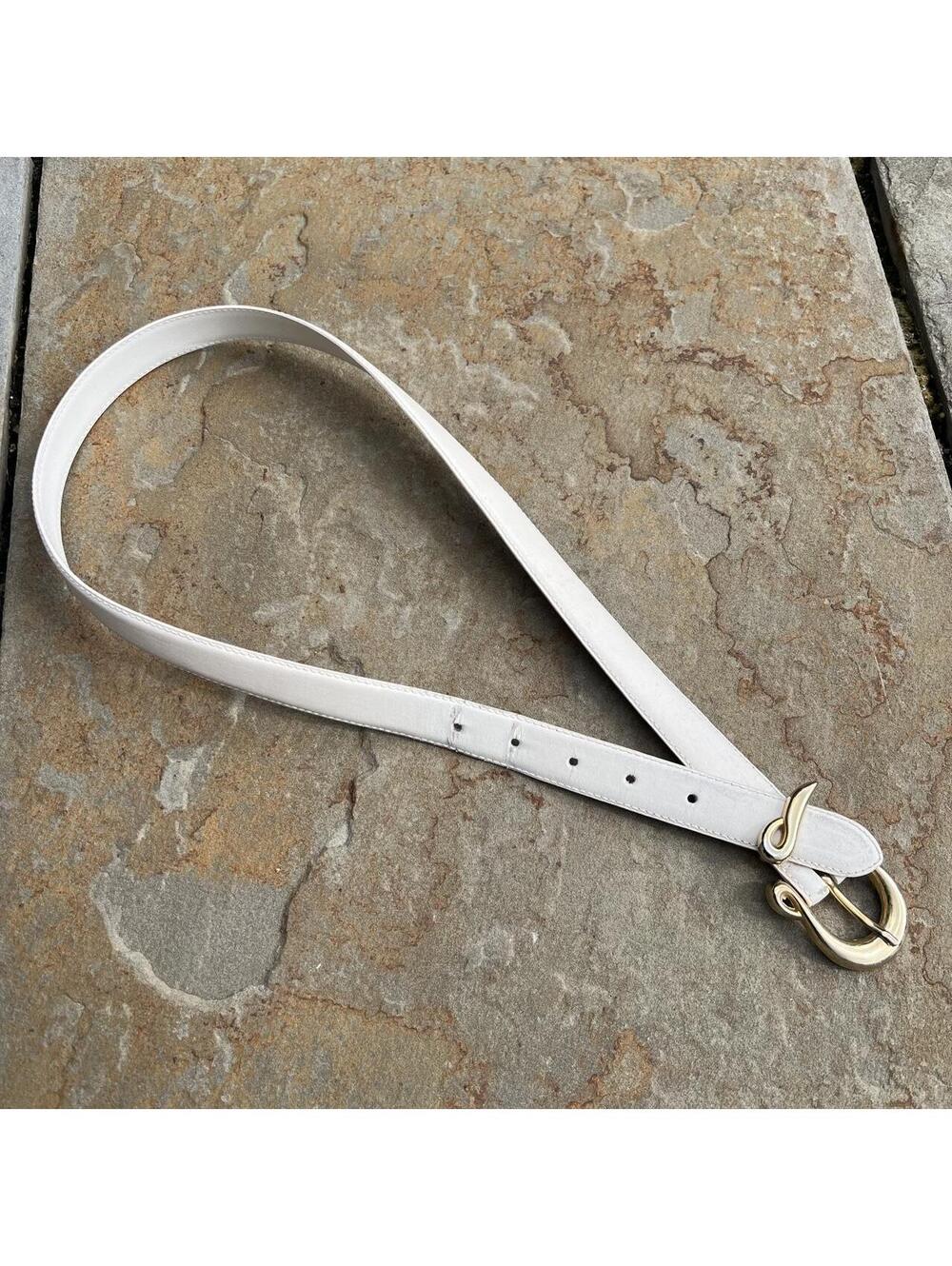 Vintage 90s White Leather Belt w/ Gold Design Buckle